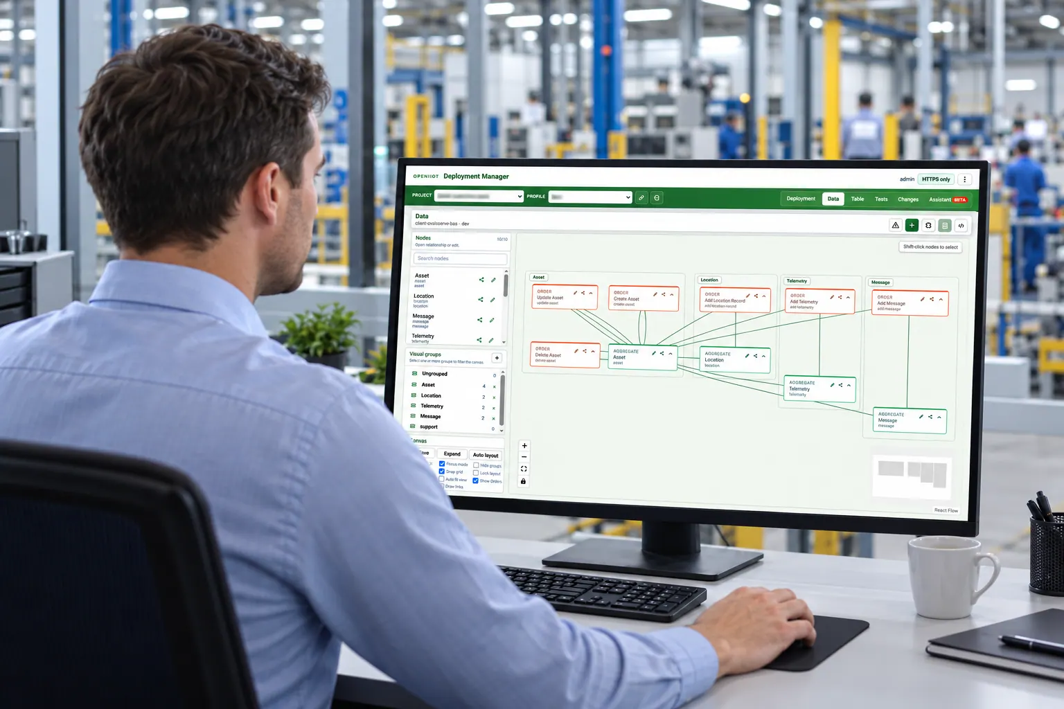 Illustratie van een medewerker die OpenIIoT Deployment Manager gebruikt op een beeldscherm in een industriële omgeving.