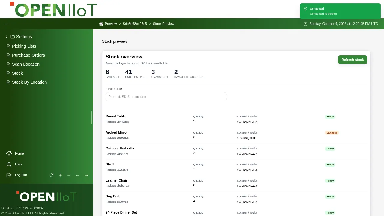 Screenshot van een OpenIIoT-voorraadoverzicht met aantallen, locaties en status.