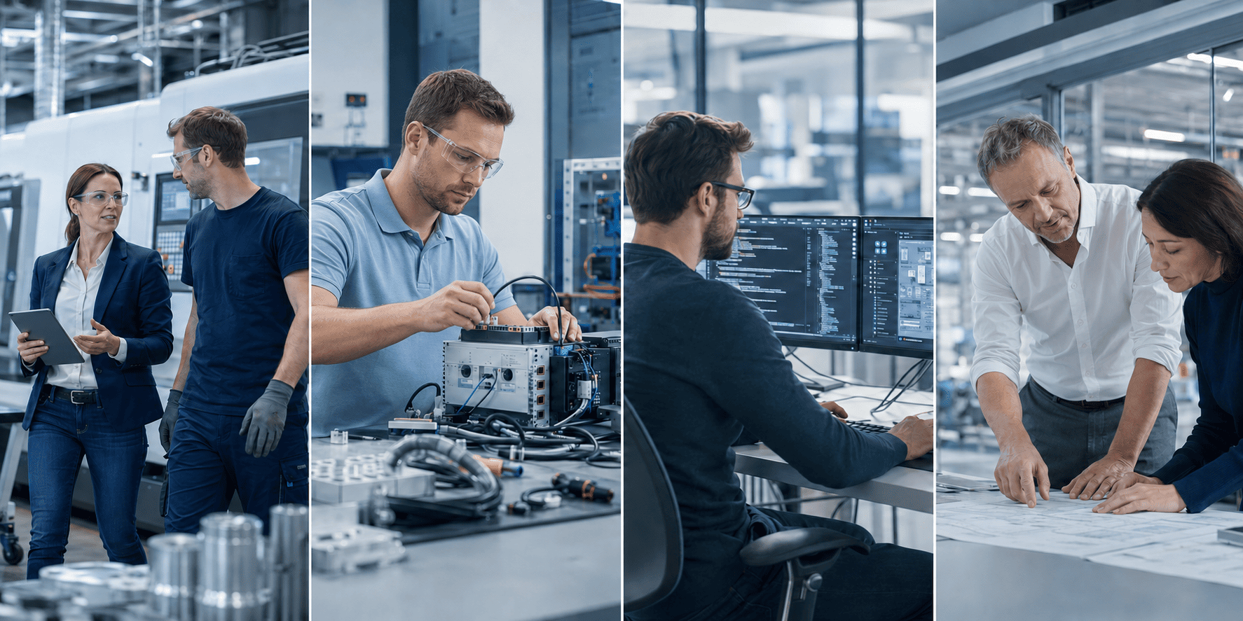 Industrial consultants, engineers and developers working across a connected factory.
