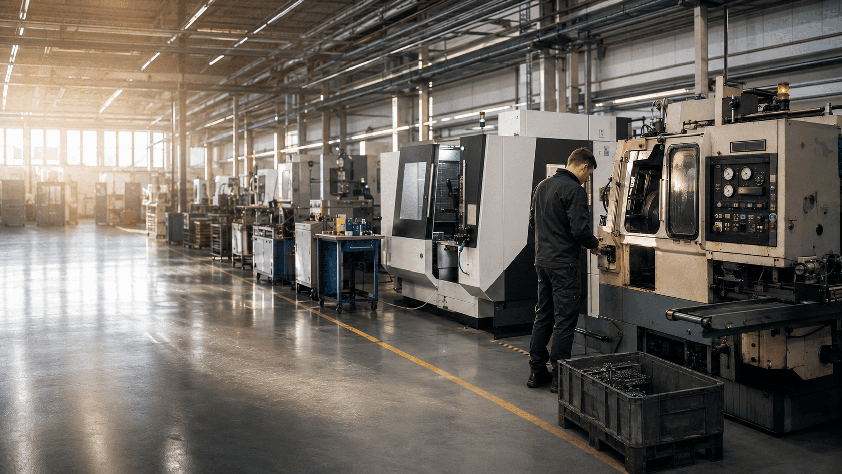 Industrial machines from different generations operating on one production floor.