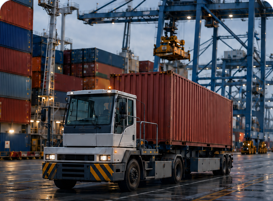 Container-handling equipment operating across a busy port terminal.